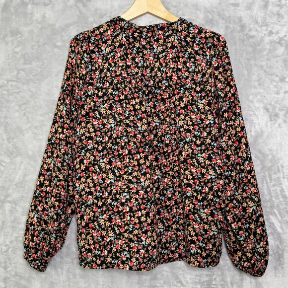 Loft Top Womens Large Black Ditsy Flower Print V Neck Long Balloon Sleeve Fall - Picture 2 of 12